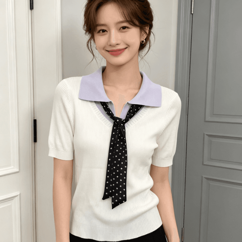 2026 한 부서 화이트 폴로 칼라 POLO 셔츠 니트 얼음 실크 반팔 여성 여름 작은 키 긍정적 인 어깨 몸매 가꾸기 쇼트 스타일 맨위 상세 이미지 2