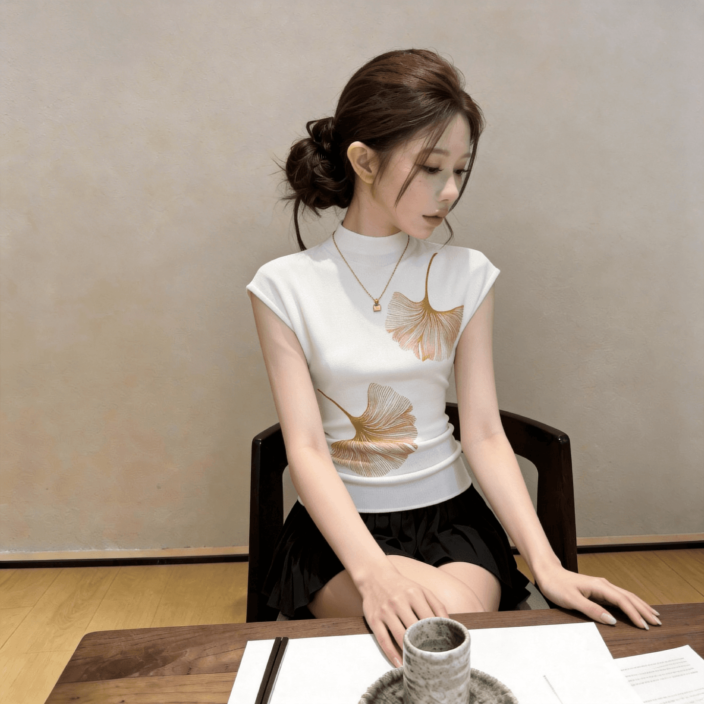 세련된 디자인 센스 반하이넥 반팔 니트 스웨터 여성 여름 인사이드 가져 가라. 프린트 다용도 동정 고유 한 Chic 맨위 이미지 3