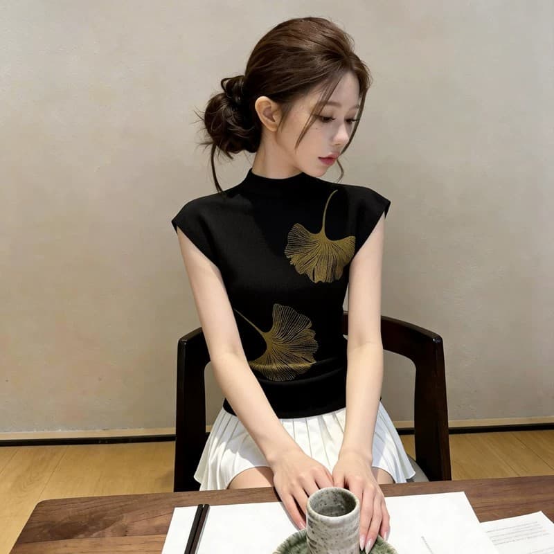 세련된 디자인 센스 반하이넥 반팔 니트 스웨터 여성 여름 인사이드 가져 가라. 프린트 다용도 동정 고유 한 Chic 맨위 상세 이미지 5