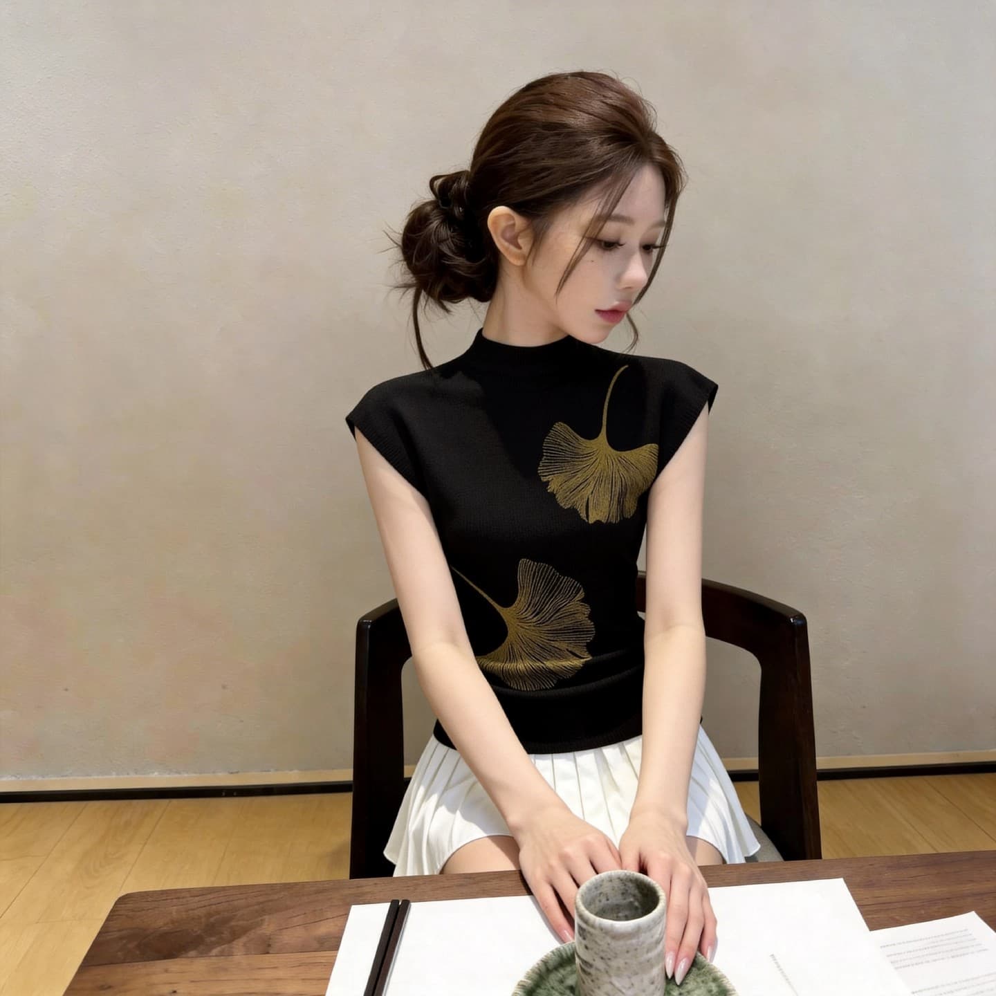세련된 디자인 센스 반하이넥 반팔 니트 스웨터 여성 여름 인사이드 가져 가라. 프린트 다용도 동정 고유 한 Chic 맨위 상세 이미지 6
