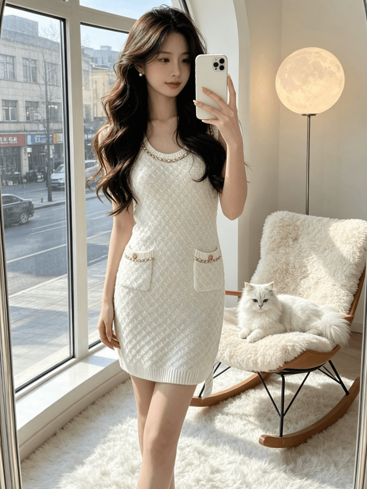 핏 스타일 승리 마 작은 샤넬 스타일 민소매 니트 여성 드레스 2026 새로운 프랑스식 명문 여성 허리 수축 슬림해 보이는 조끼 스커트 이미지 4
