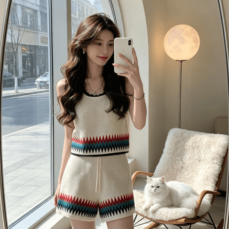 2026 여름 새로운 프랑스식 레트로 배색 u 칼라 니트 투피스 조끼 바지 넓은 다리가 짧다. 바지 세트 이미지 3