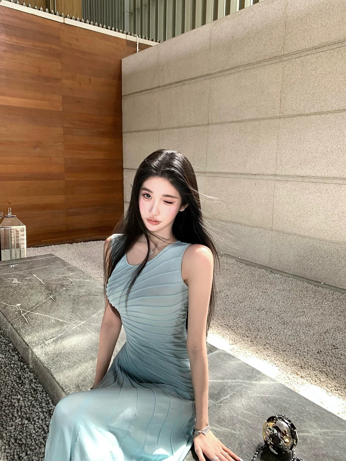 barb chill 갤러리 봐라. 전시회 프랑스식 민소매 드레스 롱 스커트 여성 여름 5 월 1 일 여행 니트 원피스 상세 이미지 27