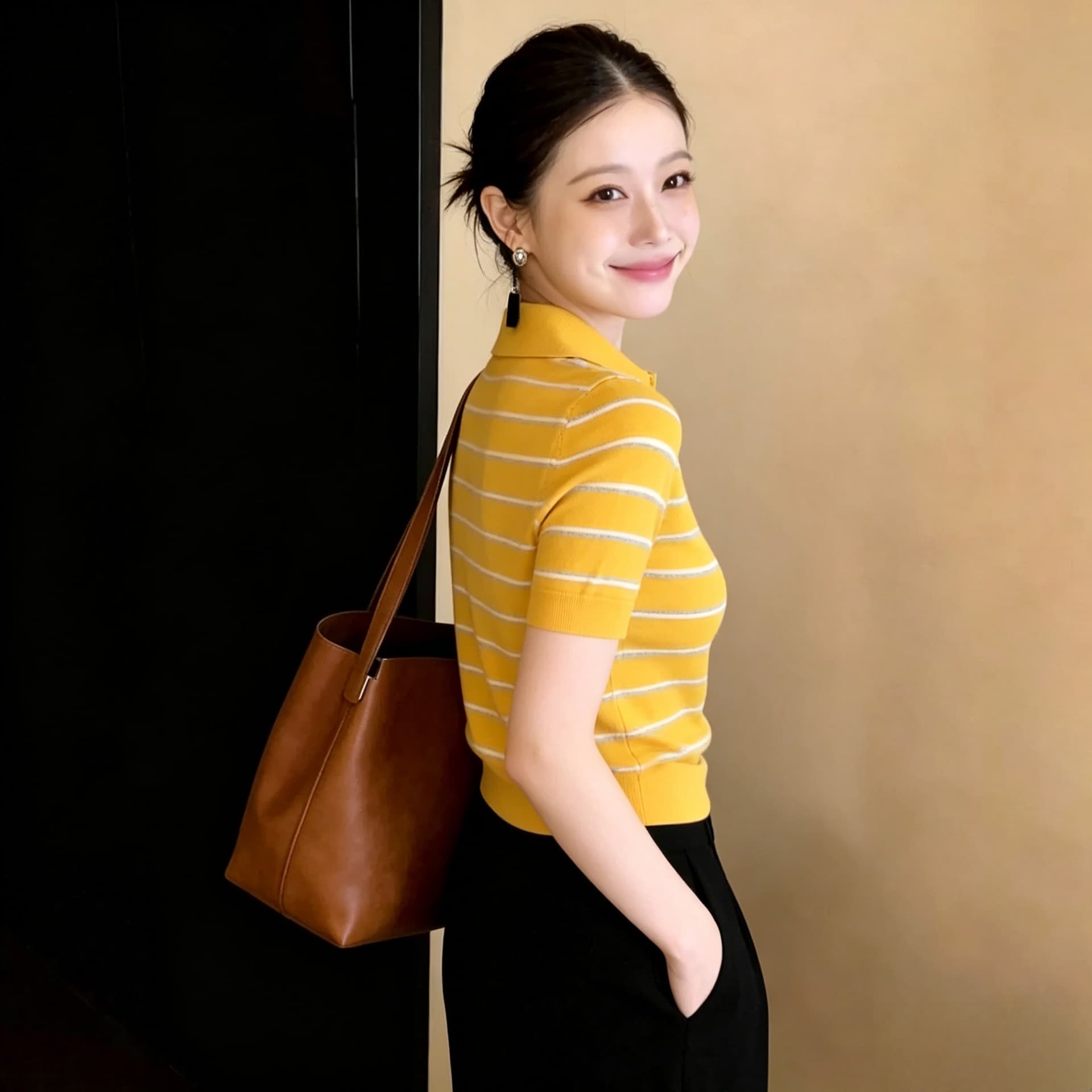 한국 스타일 빛 요리 한 바람 황색 스트라이프 POLO 셔츠 반팔 여성 2026 년 여름 새로운 품격 다용도 연령 감소 맨위 이미지 4