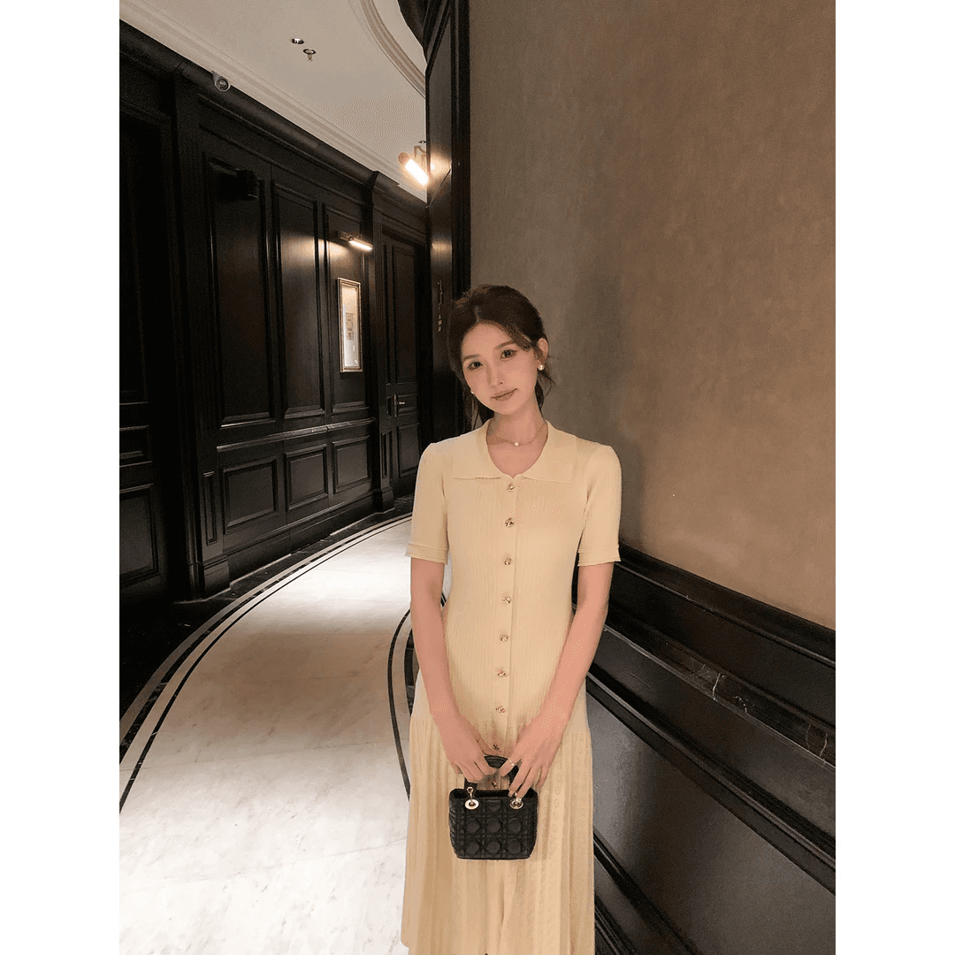 생방송 폭발 오후 그림 POLO 칼라 긍정적 인 어깨 허리 수축 슬림해 보이는 얼음 실크 드레스 이미지 2