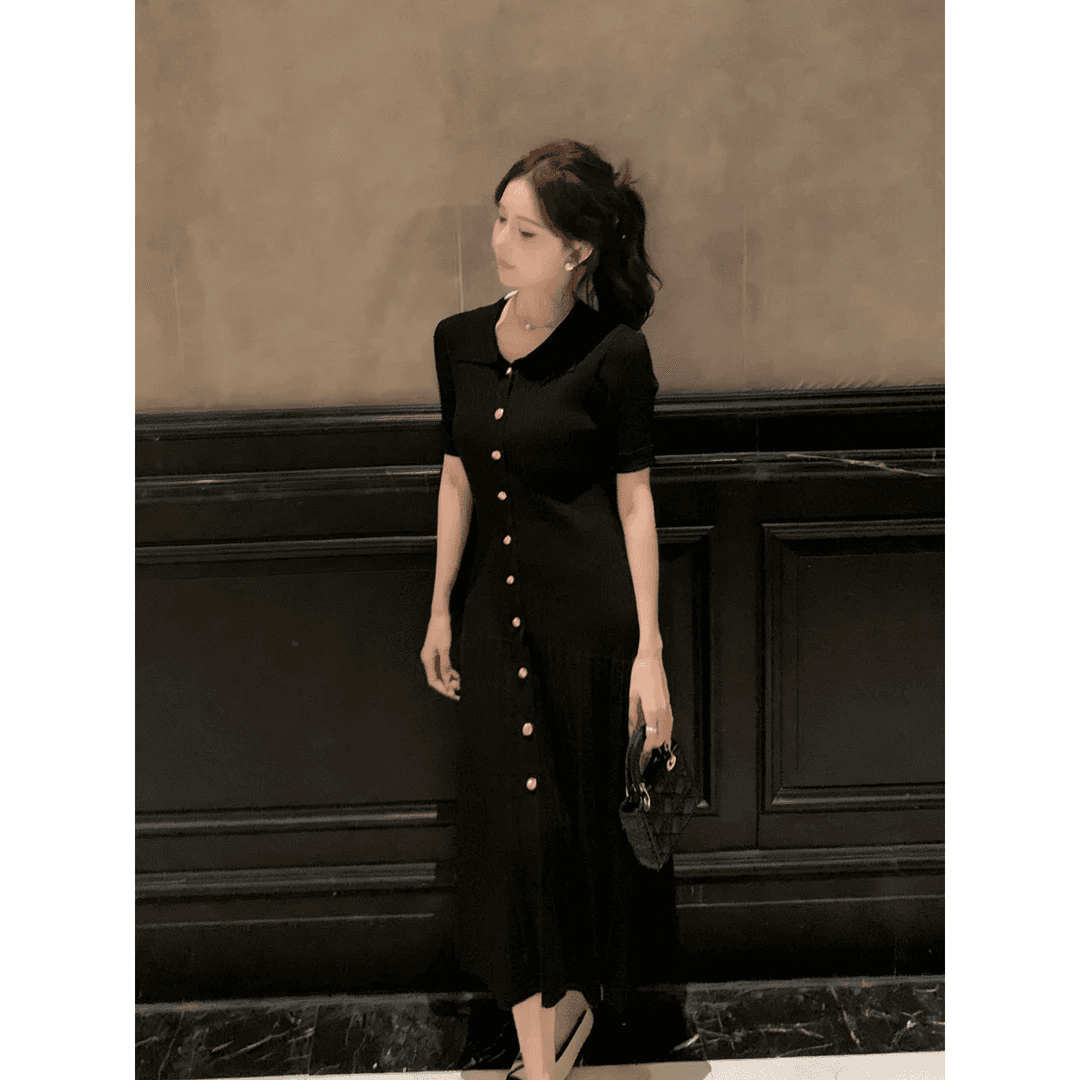 생방송 폭발 오후 그림 POLO 칼라 긍정적 인 어깨 허리 수축 슬림해 보이는 얼음 실크 드레스 상세 이미지 3