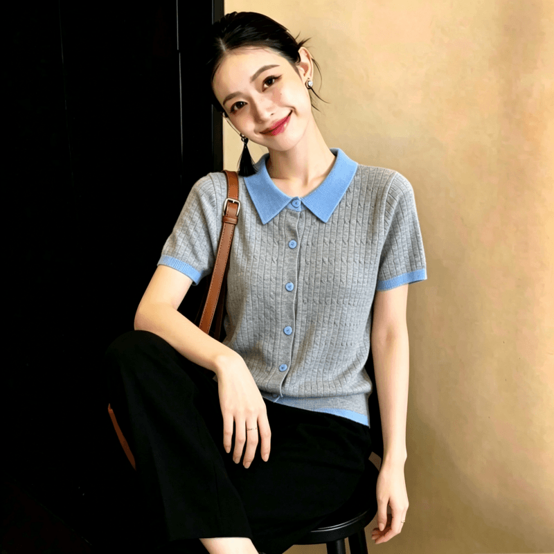 2026 레트로 POLO 칼라 배색 니트 스웨터 반팔 티셔츠 여성 여름 한 부서 몸매 가꾸기 슬림해 보이는 디자인 센스 작은 대중 이미지 4
