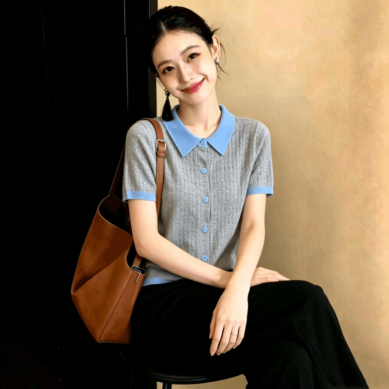2026 레트로 POLO 칼라 배색 니트 스웨터 반팔 티셔츠 여성 여름 한 부서 몸매 가꾸기 슬림해 보이는 디자인 센스 작은 대중 이미지 3