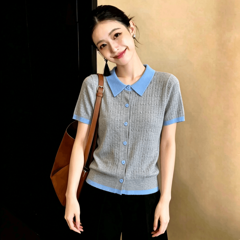 2026 레트로 POLO 칼라 배색 니트 스웨터 반팔 티셔츠 여성 여름 한 부서 몸매 가꾸기 슬림해 보이는 디자인 센스 작은 대중 상세 이미지 2