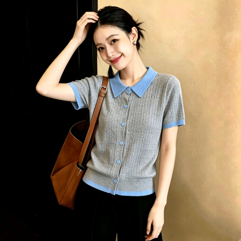 2026 레트로 POLO 칼라 배색 니트 스웨터 반팔 티셔츠 여성 여름 한 부서 몸매 가꾸기 슬림해 보이는 디자인 센스 작은 대중 상세 이미지 3