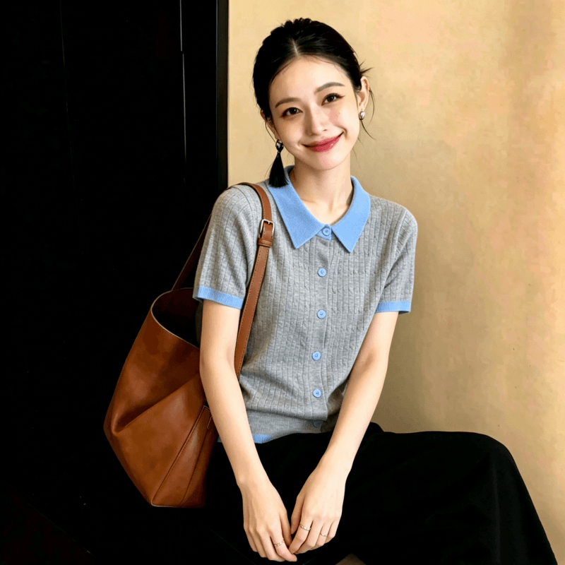2026 레트로 POLO 칼라 배색 니트 스웨터 반팔 티셔츠 여성 여름 한 부서 몸매 가꾸기 슬림해 보이는 디자인 센스 작은 대중 상세 이미지 4