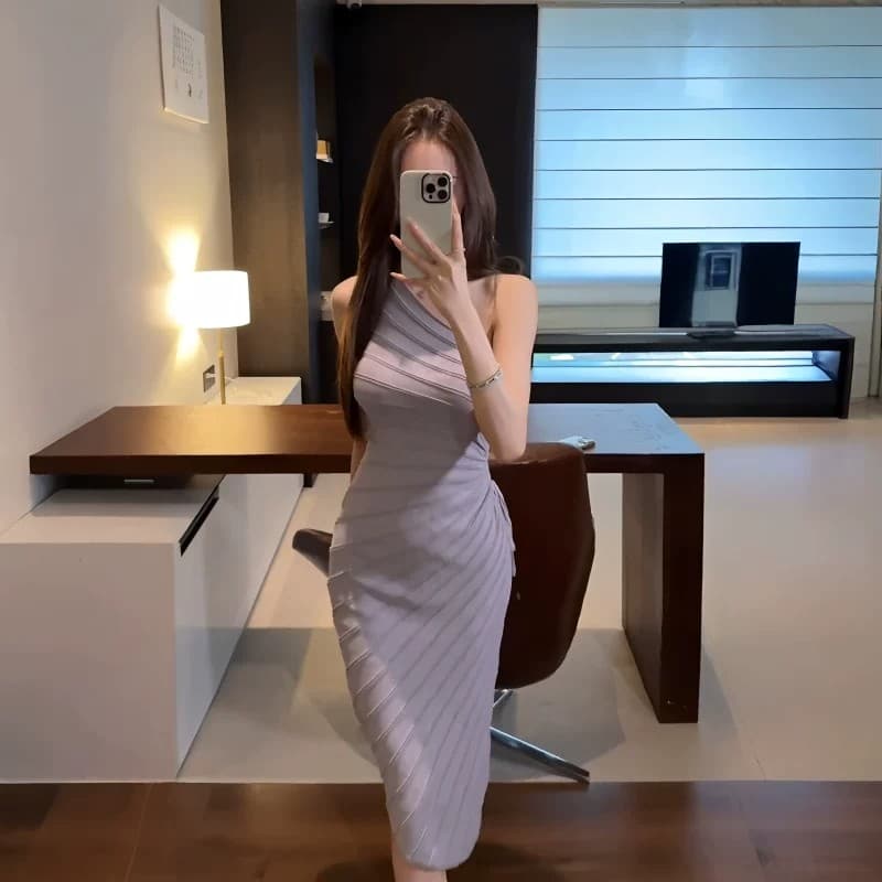 순수한 욕망 바람 섹시함 비스듬한 어깨 보라색 여성 드레스 여름 새로운 디자인 센스 작은 대중 허리 수축 슬림해 보이는 타이트 스커트 롱 스커트 이미지 5