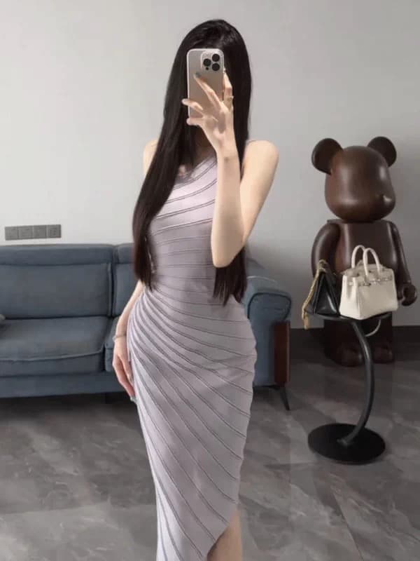 순수한 욕망 바람 섹시함 비스듬한 어깨 보라색 여성 드레스 여름 새로운 디자인 센스 작은 대중 허리 수축 슬림해 보이는 타이트 스커트 롱 스커트 상세 이미지 8