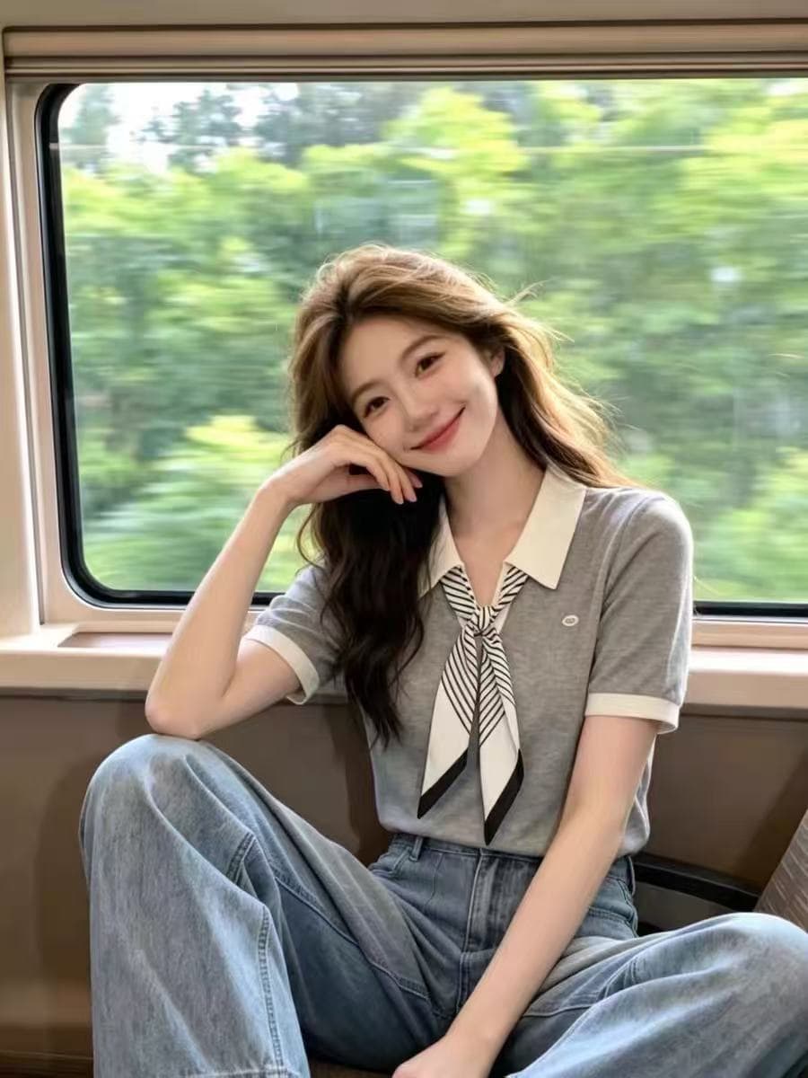 배색 POLO 칼라 레이스업 디자인 센스 반팔 니트 스웨터 2026 여름 출퇴근 아름다운 슬림해 보이는 다용도 작은 셔츠 여성 이미지 4