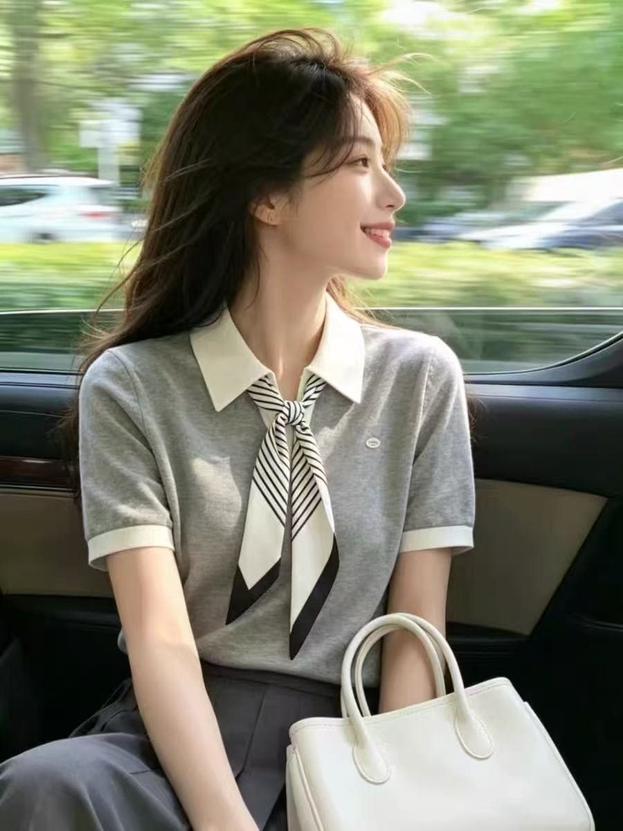 배색 POLO 칼라 레이스업 디자인 센스 반팔 니트 스웨터 2026 여름 출퇴근 아름다운 슬림해 보이는 다용도 작은 셔츠 여성 상세 이미지 5