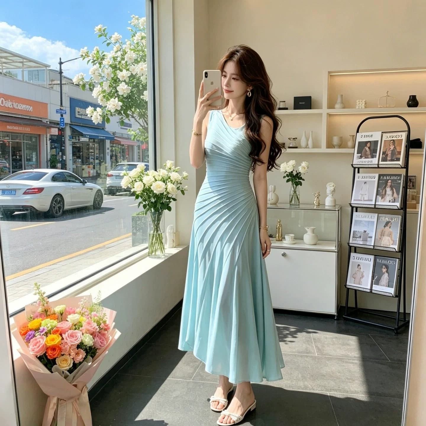 폭발 허리 수축 슬림해 보이는 센 부서 한 부서 ins 슈퍼 화재 2026 여름 새로운 부드러운 바람 롱 스커트 여성 드레스 이미지 3