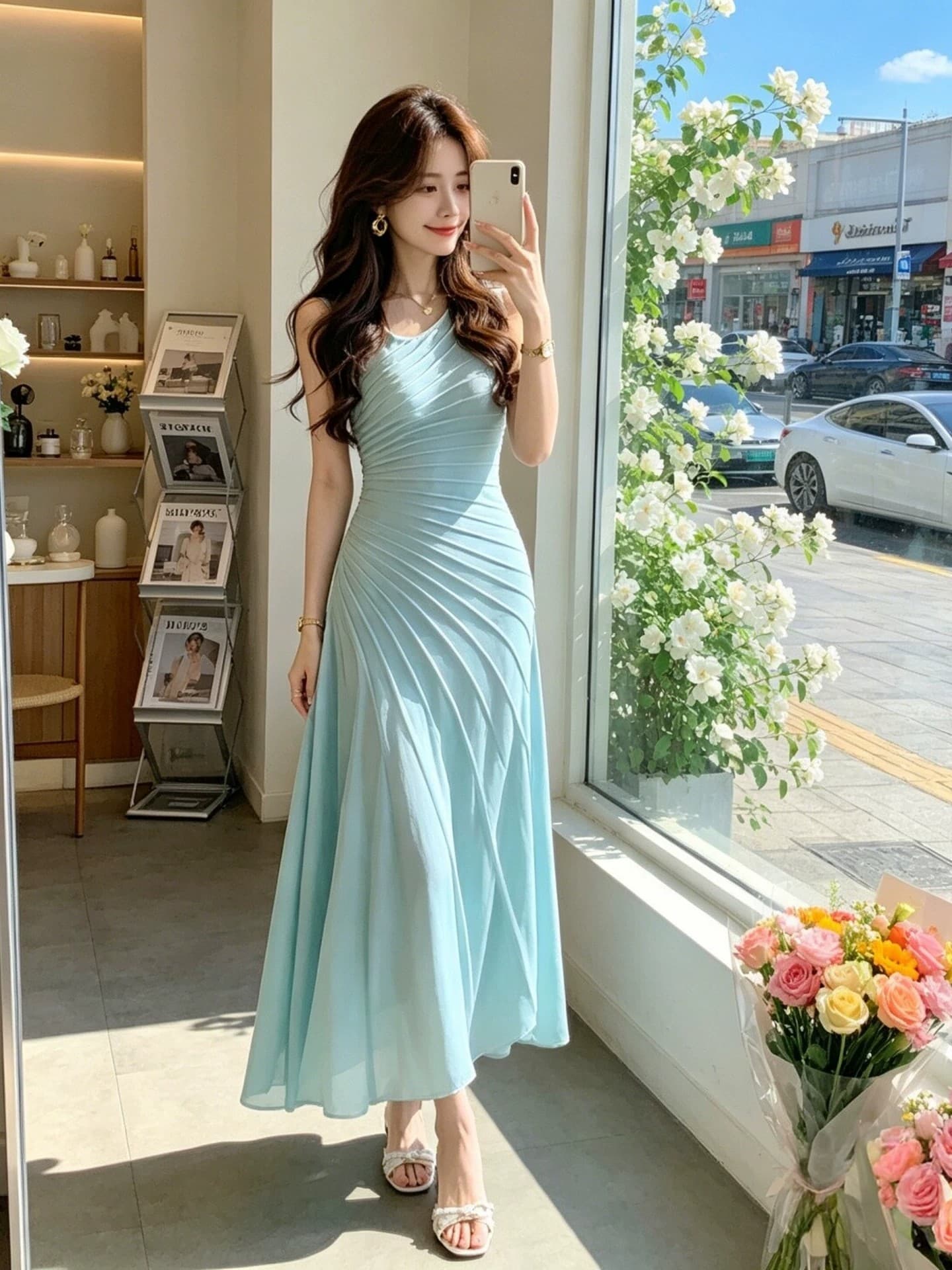 폭발 허리 수축 슬림해 보이는 센 부서 한 부서 ins 슈퍼 화재 2026 여름 새로운 부드러운 바람 롱 스커트 여성 드레스 상세 이미지 1