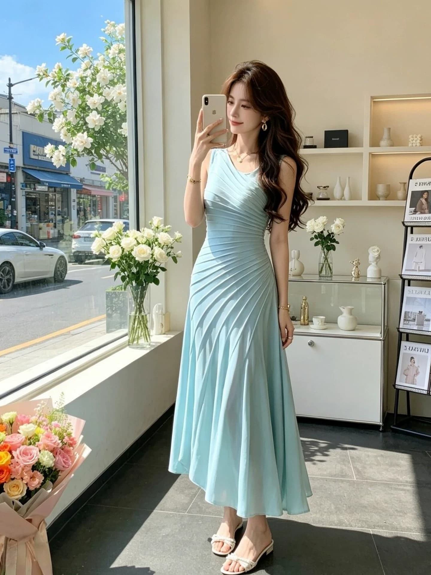 폭발 허리 수축 슬림해 보이는 센 부서 한 부서 ins 슈퍼 화재 2026 여름 새로운 부드러운 바람 롱 스커트 여성 드레스 상세 이미지 5