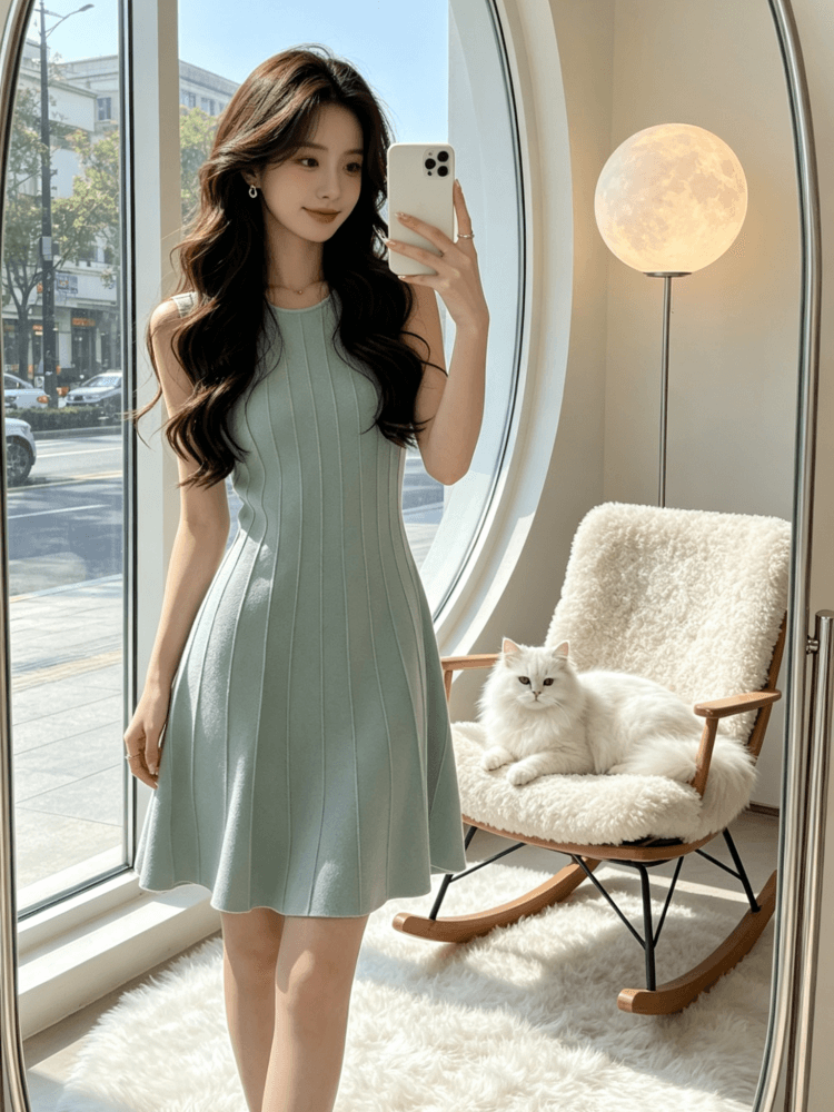 고급 센스 라운드 넥 얼음 실크 니트 조끼 여성 드레스 여름 품격 허리 수축 슬림해 보이는 민소매 한 마디 짧은 치마