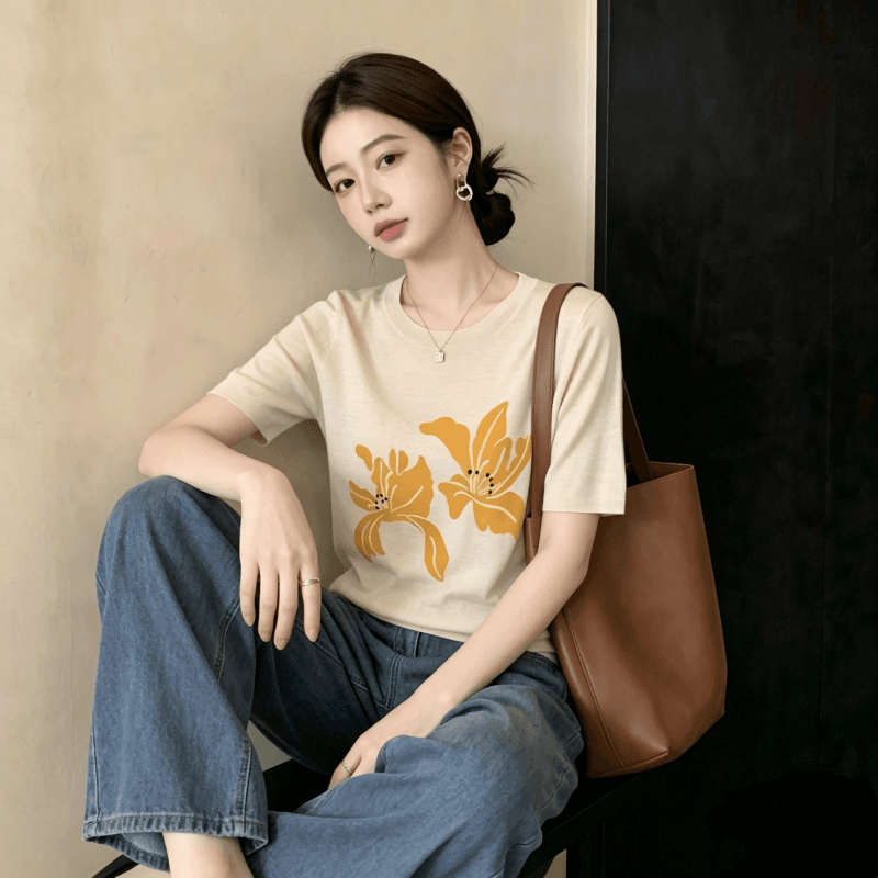 여름 도파민 황색 꽃 니트 티셔츠 여성 한 부서 고유 한 아름다운 몸매 가꾸기 슬림해 보이는 다용도 얼음 실크 맨위 상세 이미지 5