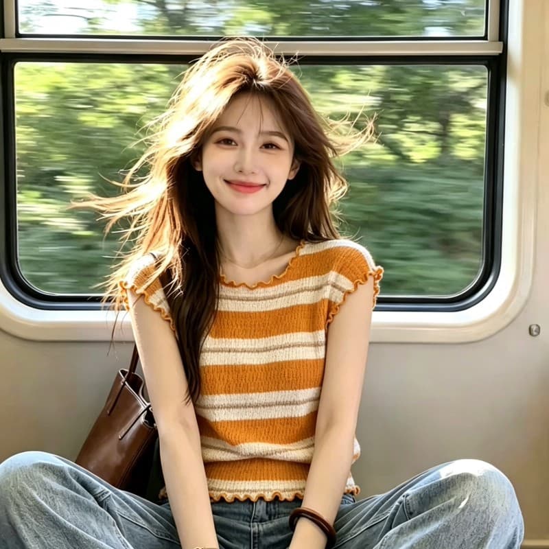 보존 섹션 추천 한 부서 프릴 스트라이프 니트 스웨터 여성 여름 새로운 외국 가스 연령 감소 작은 날다 소매 맨위 이미지 5