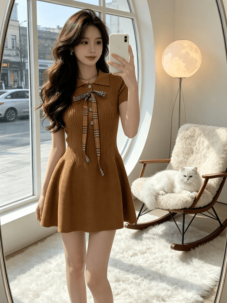 그는 벤 바람 POLO 칼라 허리 수축 니트 여성 드레스 여름 작은 키 나비 매듭 외국 가스 고급 센스 슬림해 보이는 미니 스커트 상세 이미지 1
