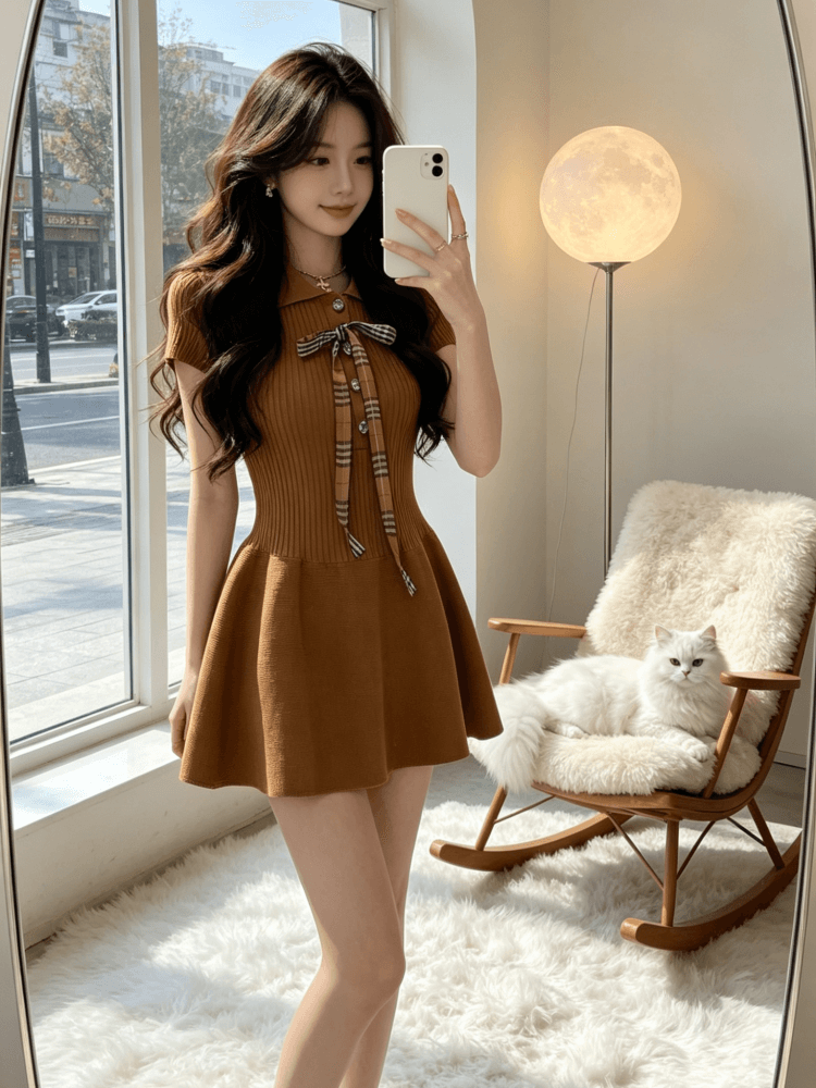 그는 벤 바람 POLO 칼라 허리 수축 니트 여성 드레스 여름 작은 키 나비 매듭 외국 가스 고급 센스 슬림해 보이는 미니 스커트 상세 이미지 2