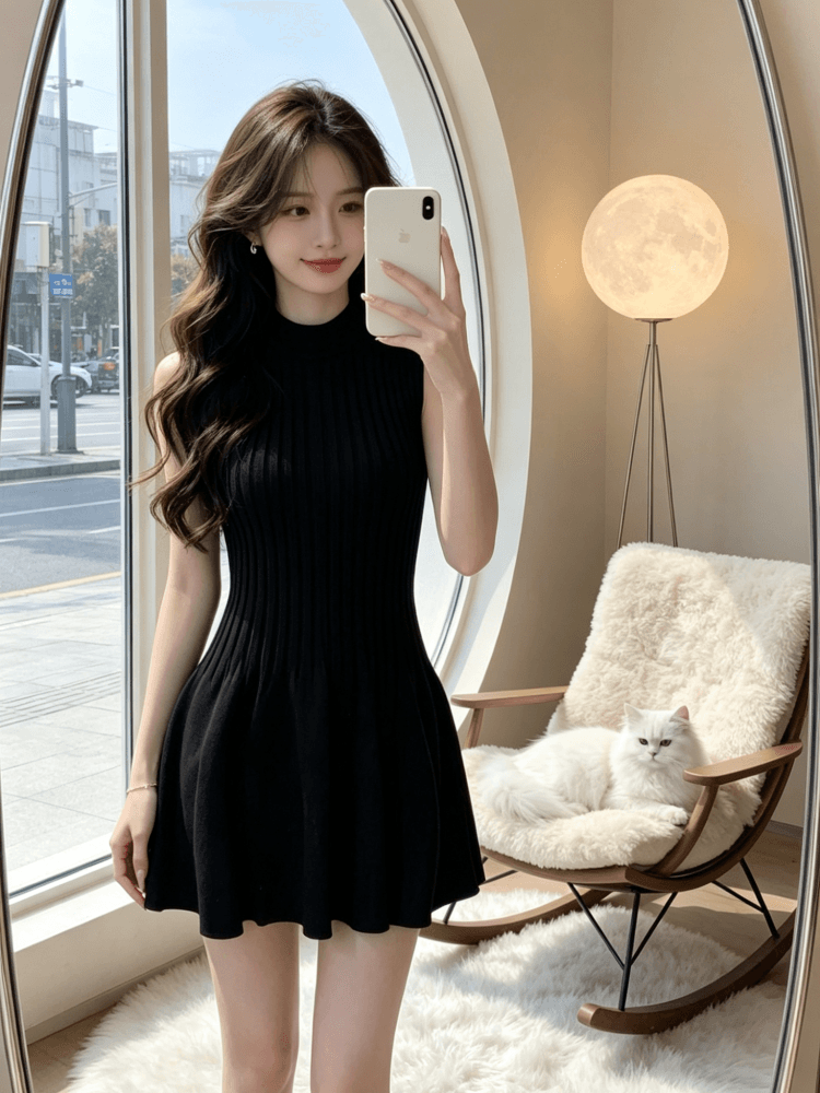2026 년 그는 벤 바람 단색 허리 수축 라운드 넥 민소매 여성 드레스 여름 품격 미니멀리즘 슬림해 보이는 작은 검은 드레스
