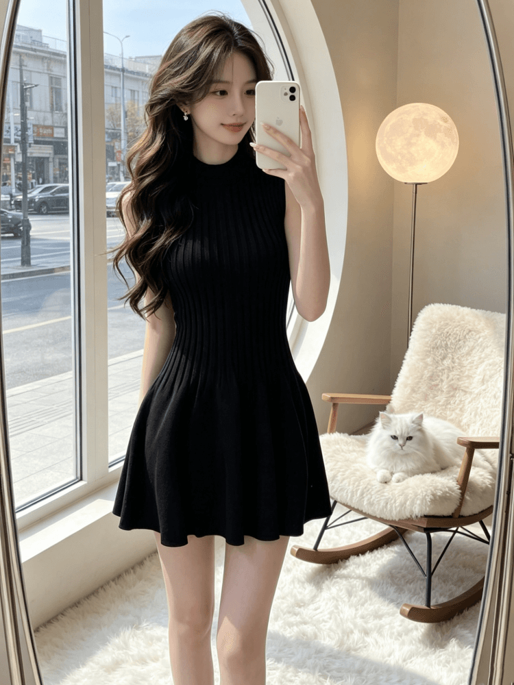 2026 년 그는 벤 바람 단색 허리 수축 라운드 넥 민소매 여성 드레스 여름 품격 미니멀리즘 슬림해 보이는 작은 검은 드레스 상세 이미지 5