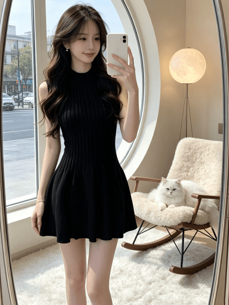 2026 년 그는 벤 바람 단색 허리 수축 라운드 넥 민소매 여성 드레스 여름 품격 미니멀리즘 슬림해 보이는 작은 검은 드레스 상세 이미지 6
