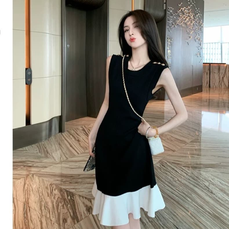 검정색 프랑스식 작은 샤넬 스타일 민소매 여성 드레스 여름 빛 럭셔리 고급 높음 배색 패치워크 프릴 조끼 스커트 이미지 2