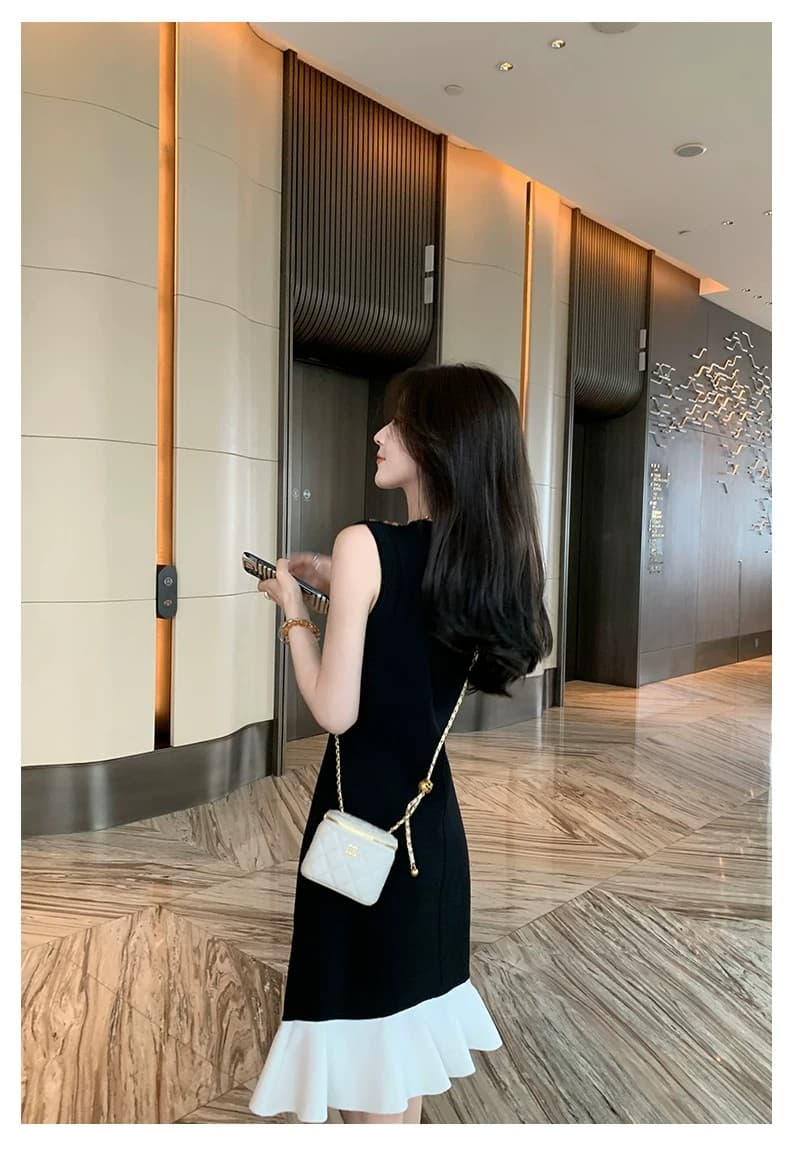 검정색 프랑스식 작은 샤넬 스타일 민소매 여성 드레스 여름 빛 럭셔리 고급 높음 배색 패치워크 프릴 조끼 스커트 상세 이미지 11