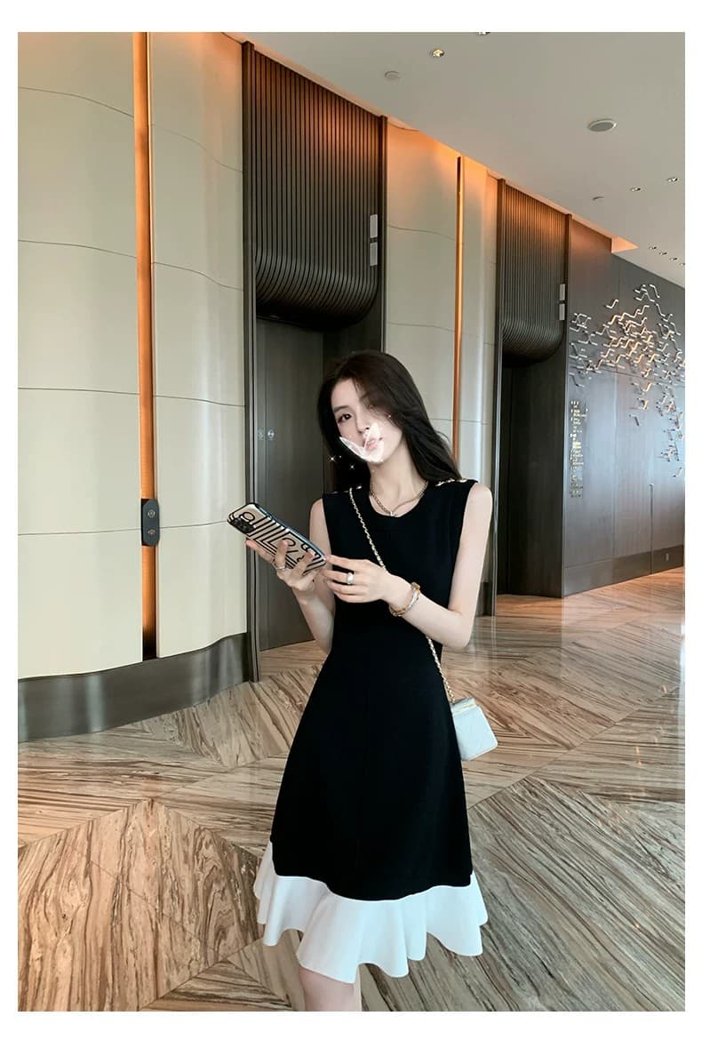 검정색 프랑스식 작은 샤넬 스타일 민소매 여성 드레스 여름 빛 럭셔리 고급 높음 배색 패치워크 프릴 조끼 스커트 상세 이미지 24