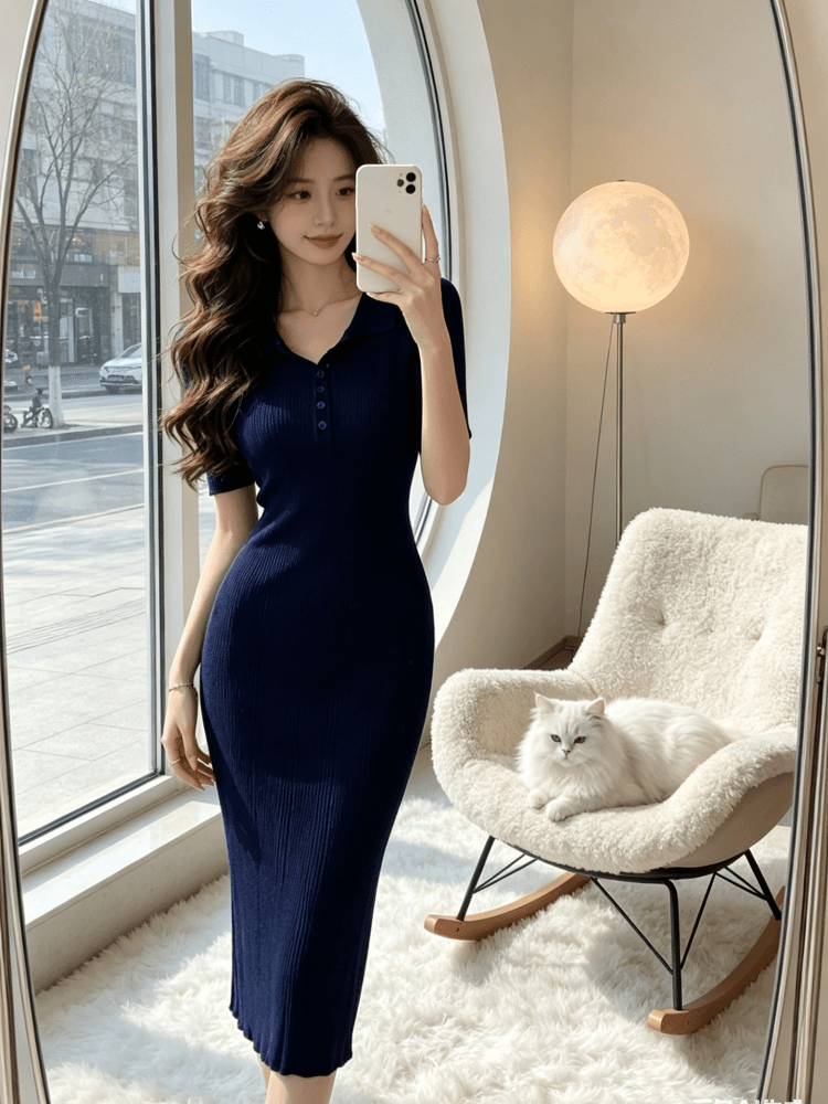 POLO 칼라 반팔 니트 허리 수축 몸매 가꾸기 슬림해 보이는 여성 드레스 2026 여름 품격 타이트 스커트 롱 스커트 이미지 3