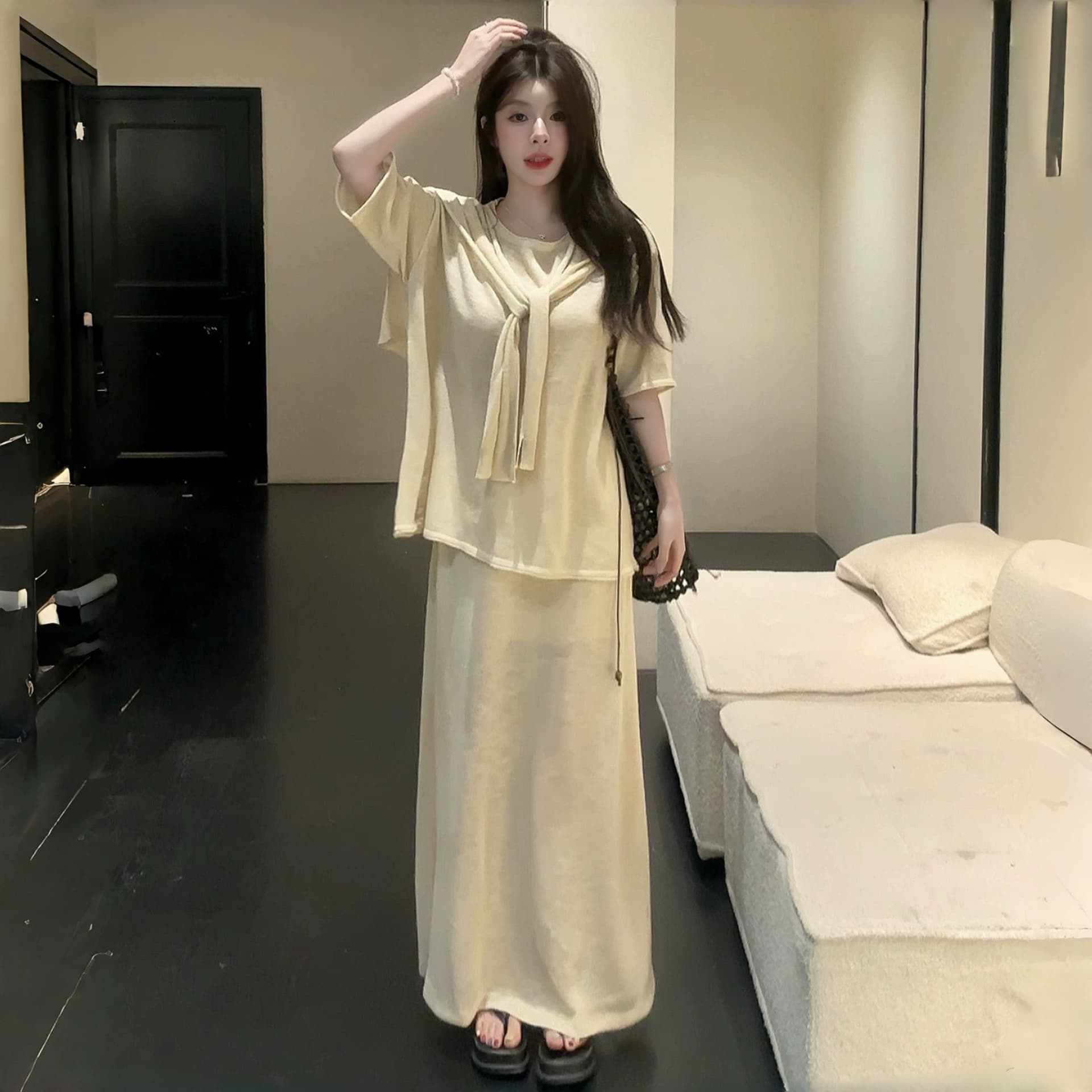 자이언트 잘 생긴 ~ 중 여름 드레스 세트 여성 한 부서 느슨함 느긋한 바람 루즈핏 반팔 맨위 숄 반신 스커트 3종 세트 이미지 5