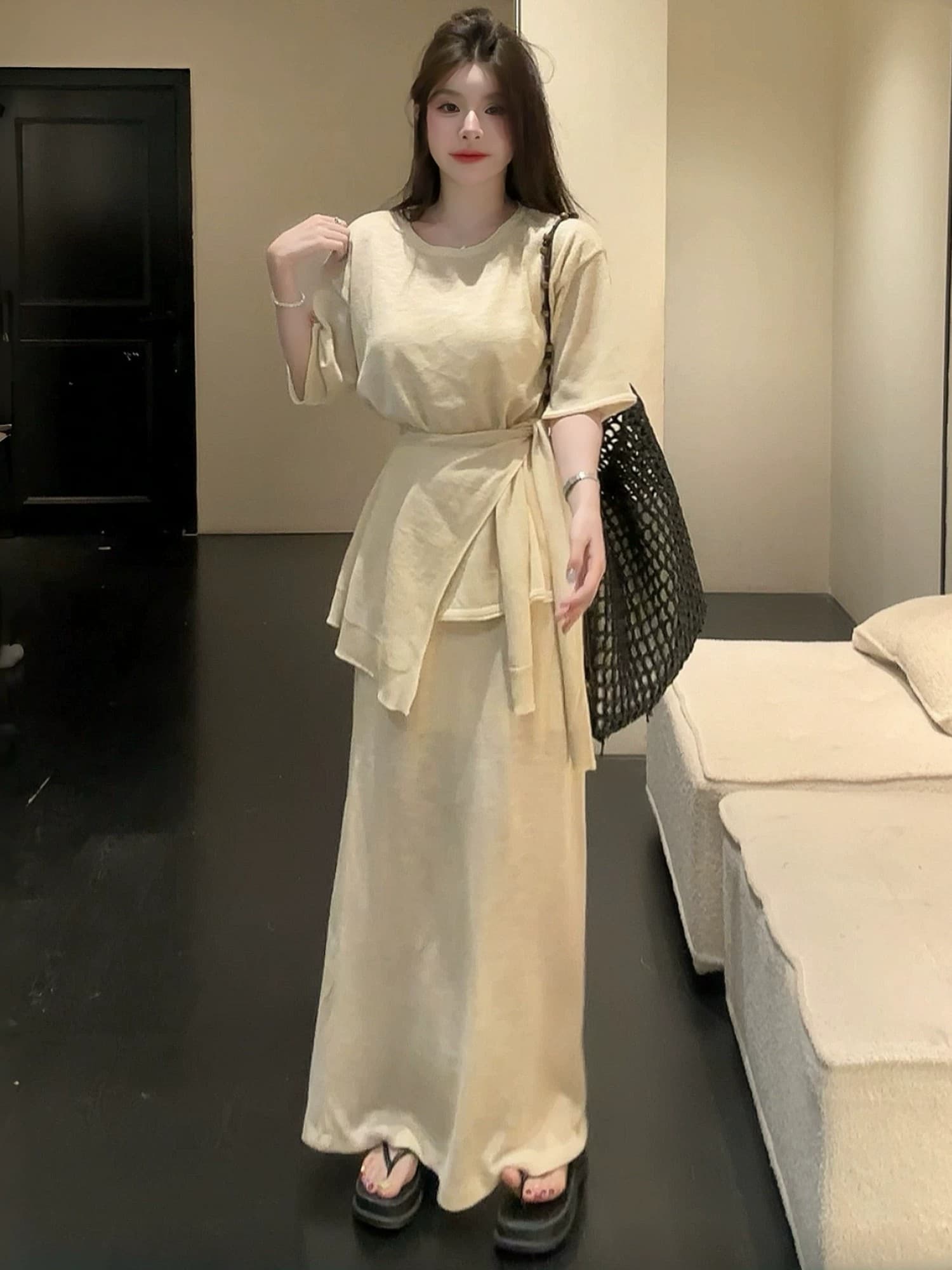 자이언트 잘 생긴 ~ 중 여름 드레스 세트 여성 한 부서 느슨함 느긋한 바람 루즈핏 반팔 맨위 숄 반신 스커트 3종 세트 상세 이미지 15