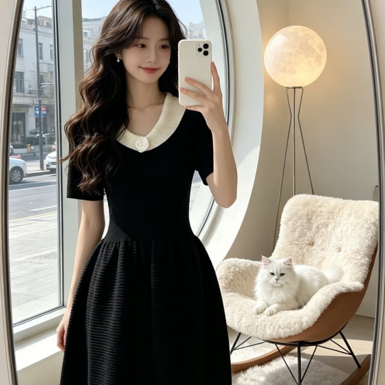 프랑스식 동백 나무 배색 베이비 칼라 다용도 허리 수축 니트 반팔 드레스 2026 여름 새로운 작은 검은 드레스 이미지 3