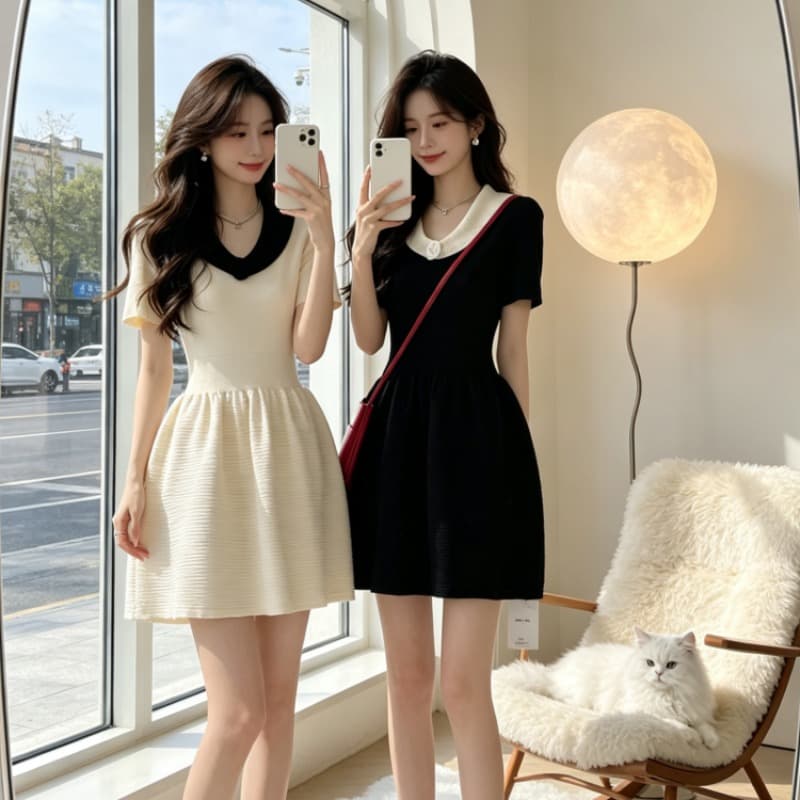 프랑스식 동백 나무 배색 베이비 칼라 다용도 허리 수축 니트 반팔 드레스 2026 여름 새로운 작은 검은 드레스 이미지 5