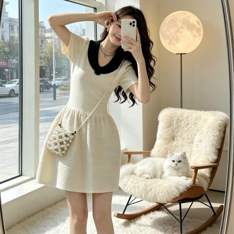프랑스식 동백 나무 배색 베이비 칼라 다용도 허리 수축 니트 반팔 드레스 2026 여름 새로운 작은 검은 드레스 이미지 4
