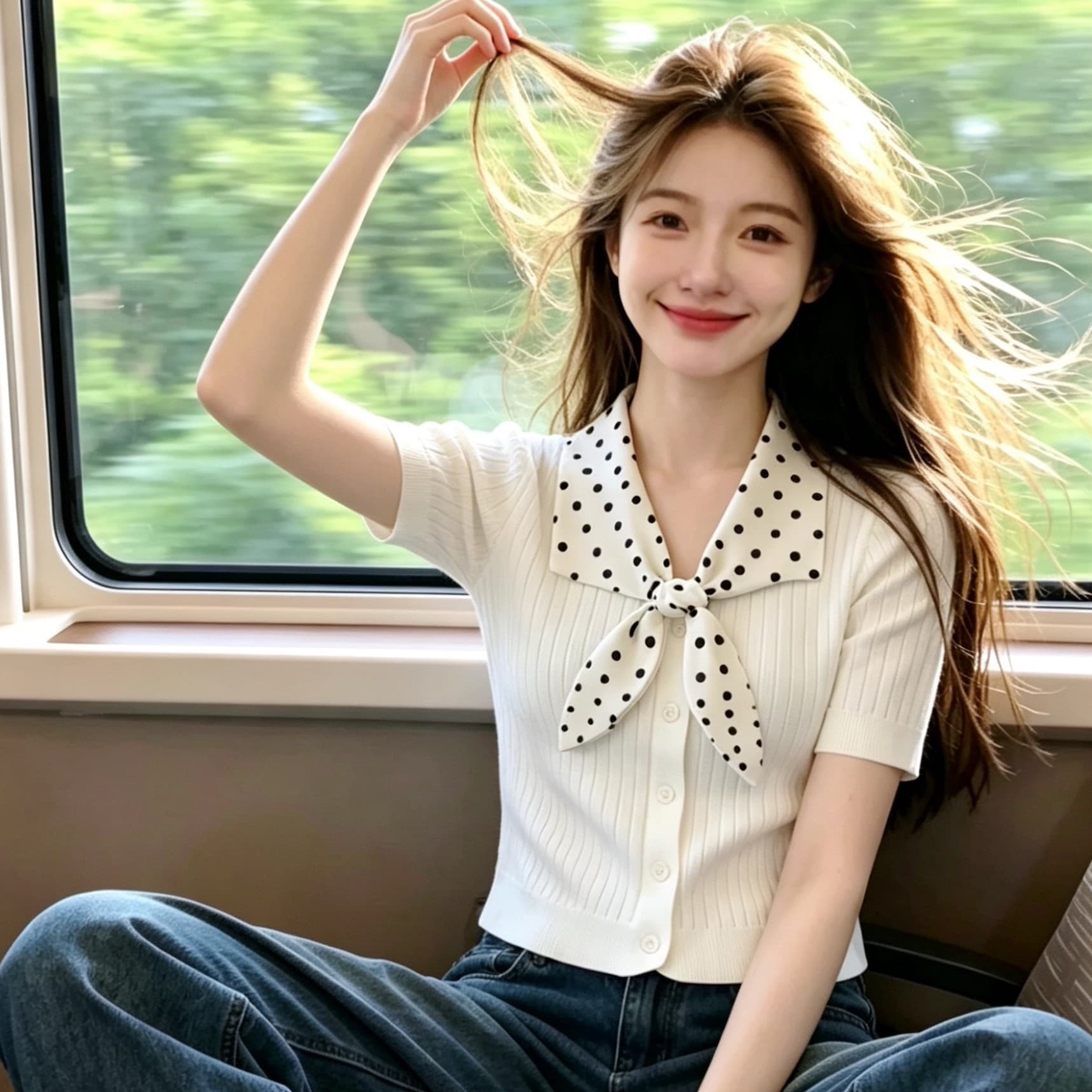 한국 스타일 작은 대중 숙녀 바람 도트 무늬 나비 매듭 칼라 니트 스웨터 여성 여름 새로운 반팔 슬림해 보이는 연령 감소 맨위 상세 이미지 2