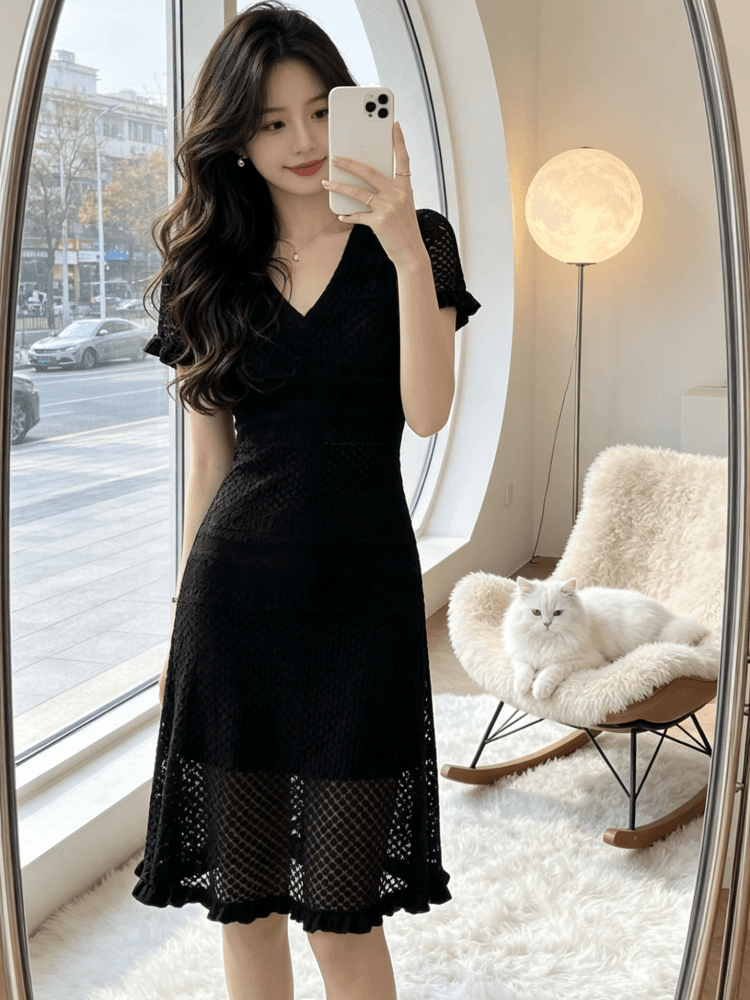 생방송 폭발 2026 년 여름 그는 벤 고급 센스 라이 경기 서울 홀로우 아웃 V넥 니트 몸매 가꾸기 슬림해 보이는 드레스 이미지 3