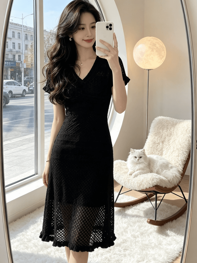 생방송 폭발 2026 년 여름 그는 벤 고급 센스 라이 경기 서울 홀로우 아웃 V넥 니트 몸매 가꾸기 슬림해 보이는 드레스 상세 이미지 3