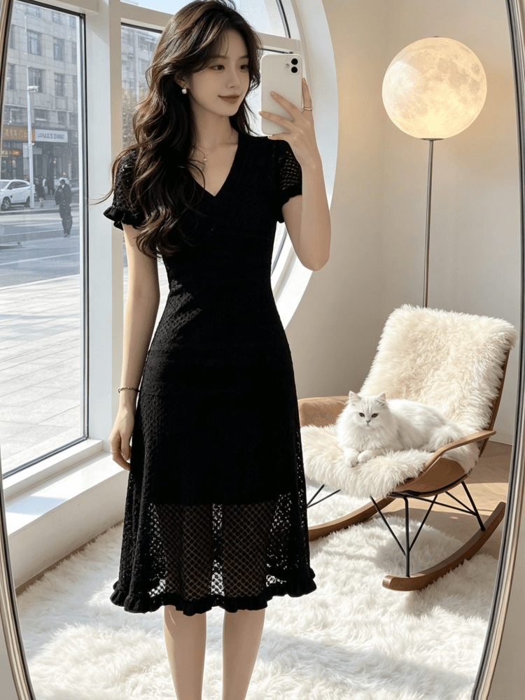 생방송 폭발 2026 년 여름 그는 벤 고급 센스 라이 경기 서울 홀로우 아웃 V넥 니트 몸매 가꾸기 슬림해 보이는 드레스 상세 이미지 4