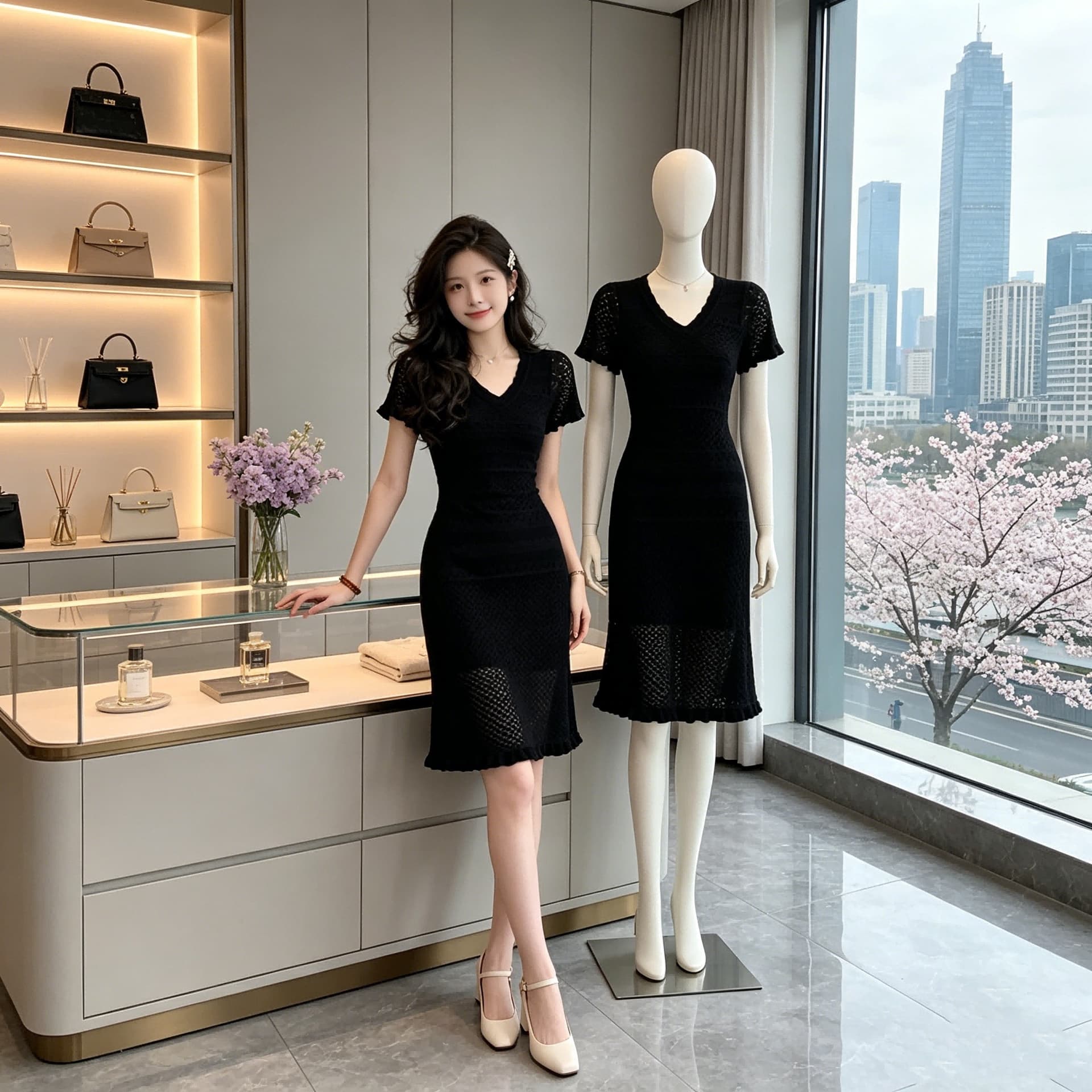 생방송 폭발 2026 년 여름 그는 벤 고급 센스 라이 경기 서울 홀로우 아웃 V넥 니트 몸매 가꾸기 슬림해 보이는 드레스 상세 이미지 6