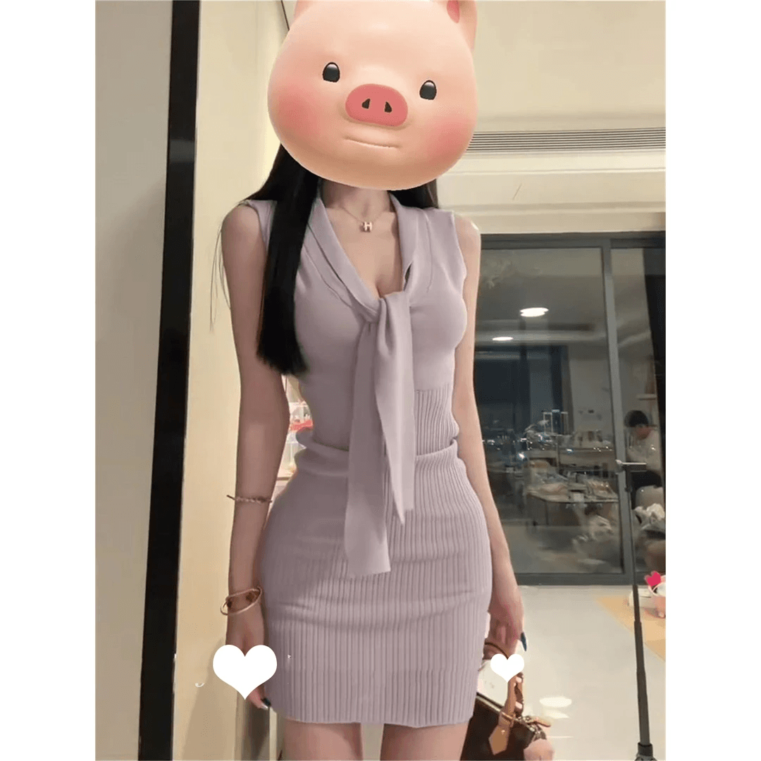 한 부서 보라색 레이스업 V넥 조끼 여성 드레스 여름 부드러운 순수한 욕망 바람 니트 민소매 타이트 스커트 짧은 치마