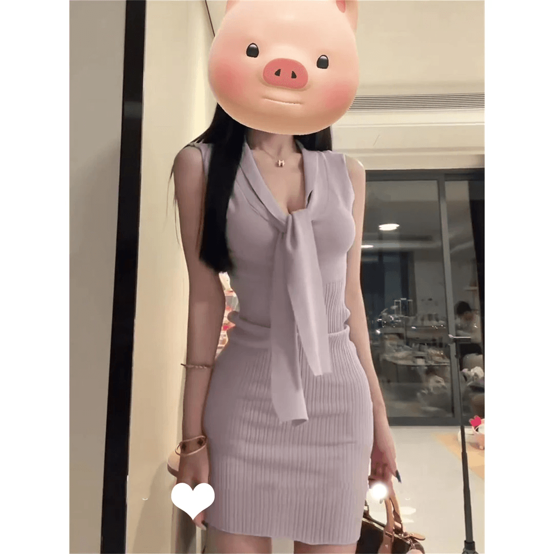 한 부서 보라색 레이스업 V넥 조끼 여성 드레스 여름 부드러운 순수한 욕망 바람 니트 민소매 타이트 스커트 짧은 치마 이미지 5