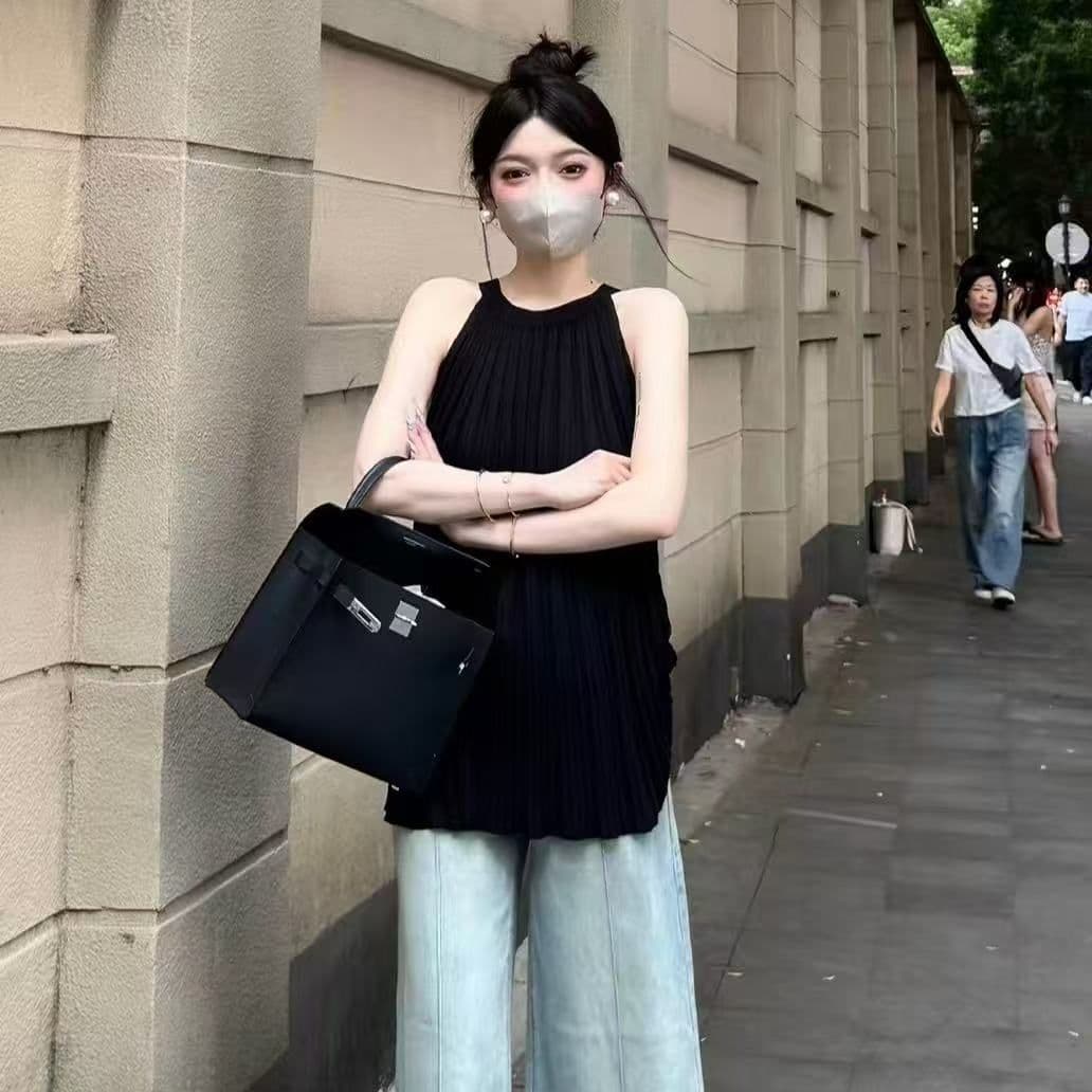 생방송 폭발 2026 년 플리츠 라운드 넥 조끼 여성 여름 프랑스식 품격 행침 목 민소매 얼음 실크 니트 맨위 상세 이미지 10