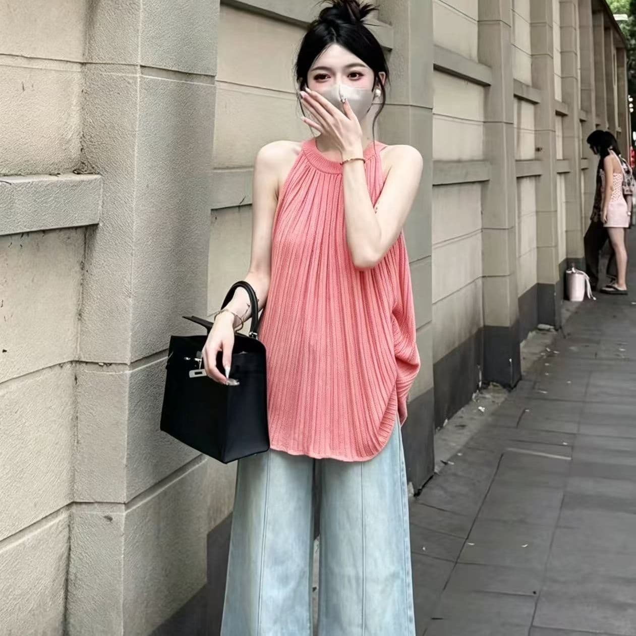 생방송 폭발 2026 년 플리츠 라운드 넥 조끼 여성 여름 프랑스식 품격 행침 목 민소매 얼음 실크 니트 맨위 상세 이미지 12