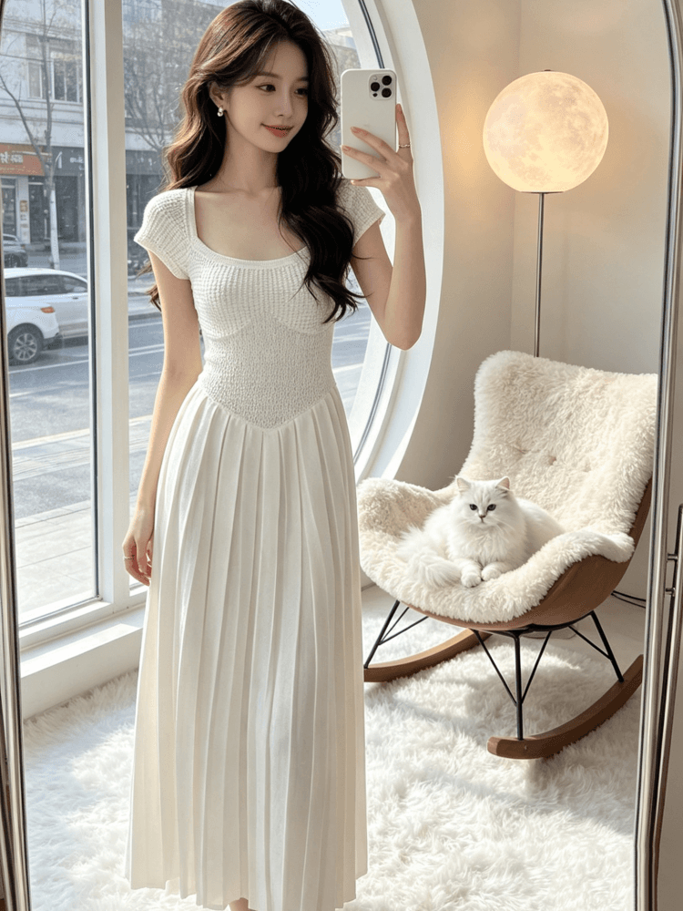 프랑스식 무거운 작업 품격 광장 칼라 홀로우 아웃 니트 롱 스커트 허리 수축 한 마디 큰 진자 여성 드레스 여름 반팔 치마 이미지 2