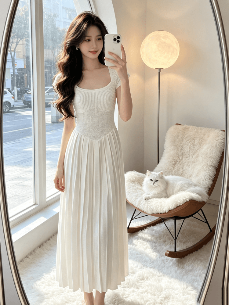 프랑스식 무거운 작업 품격 광장 칼라 홀로우 아웃 니트 롱 스커트 허리 수축 한 마디 큰 진자 여성 드레스 여름 반팔 치마